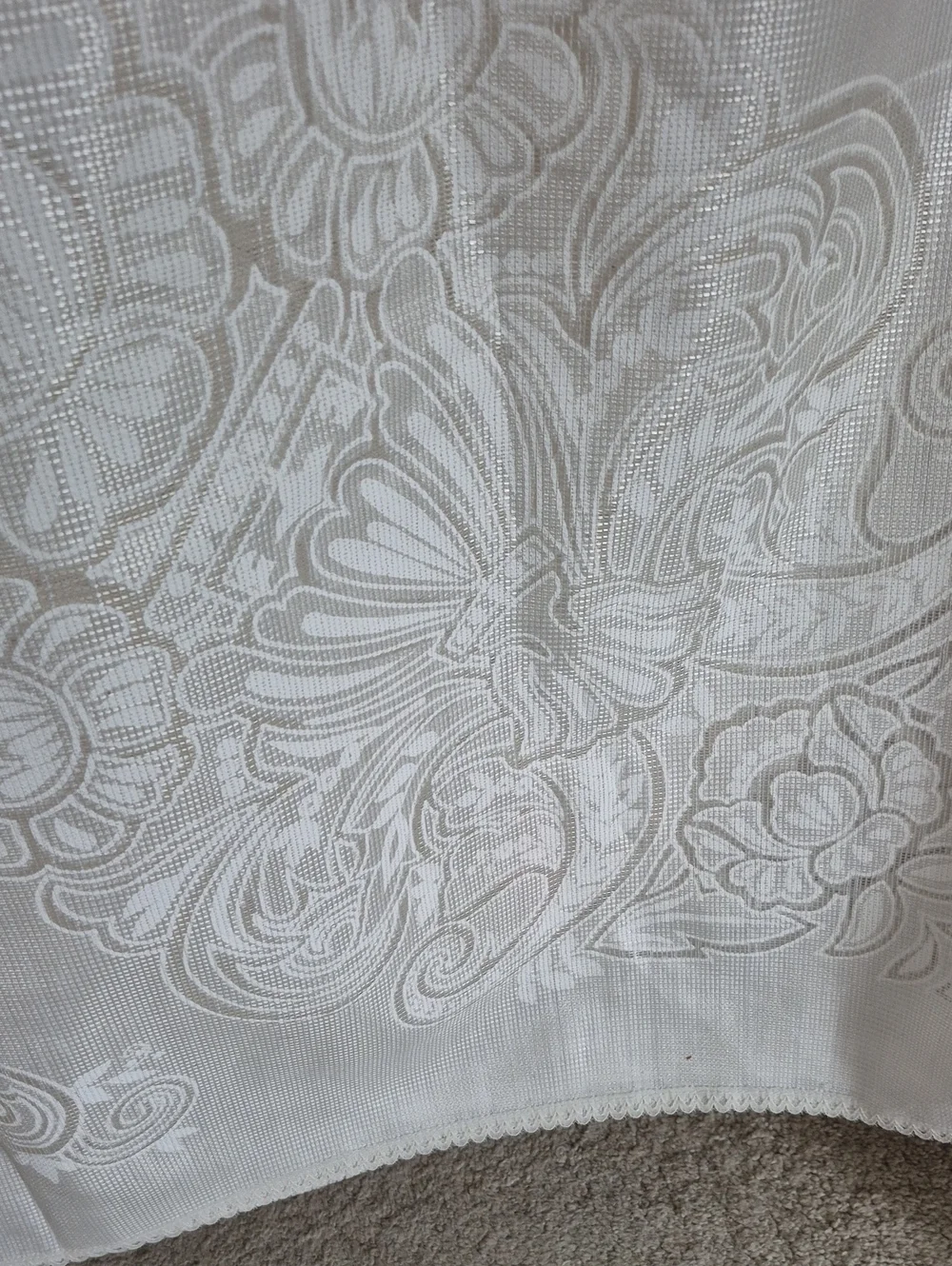 White Floral Embroidered Tablecloth with Pink Rose Accents 60x80